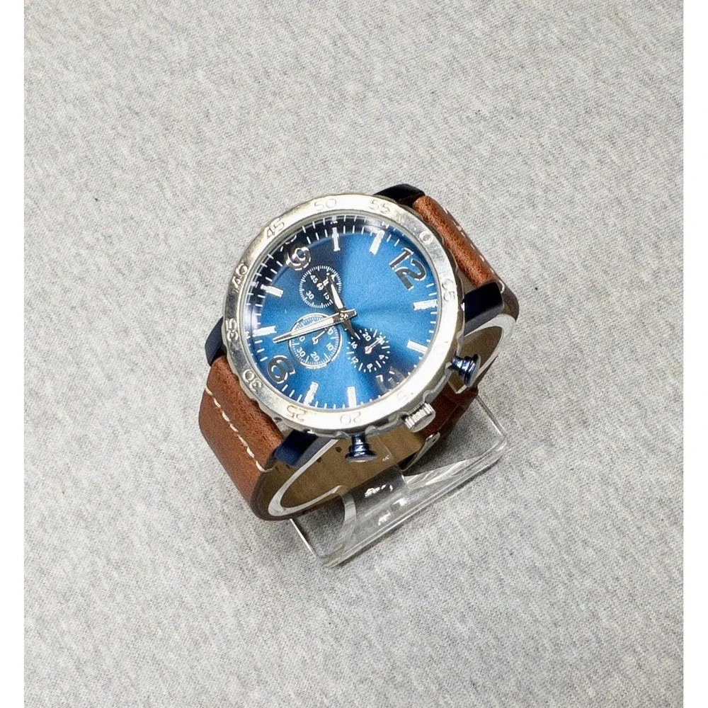 Folio 46mm Blue Silver Tone Watch Brown Leather Band New Battery‎ Chrono Style